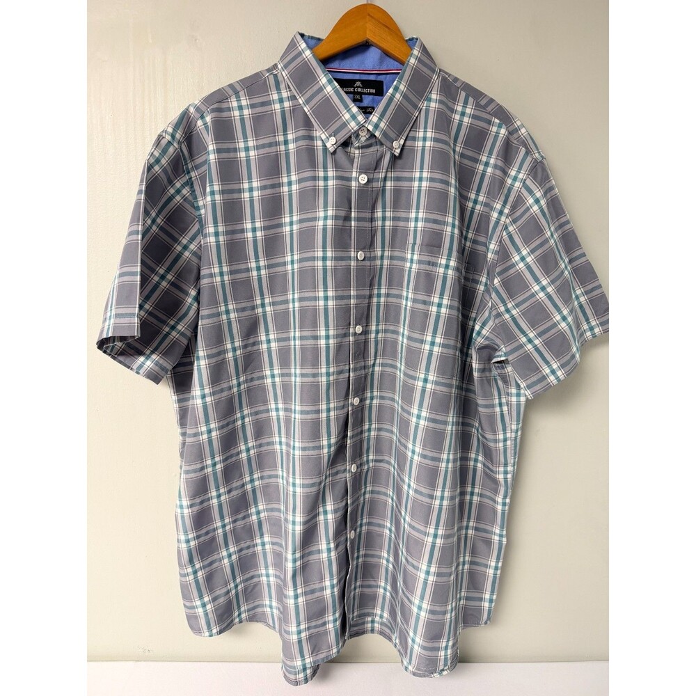 Classic Collection Men's 3XL Gray Teal Plaid Short Sleeve Button Shirt